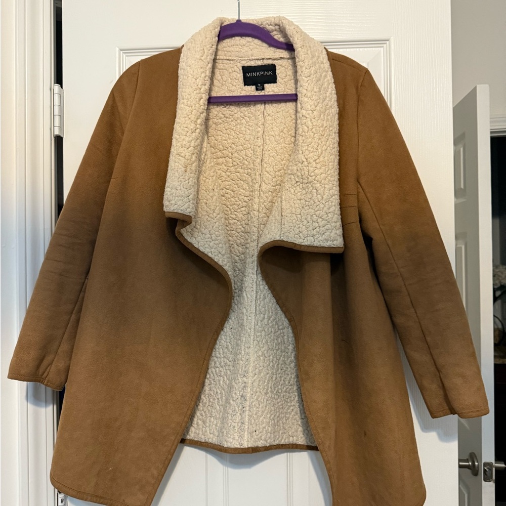 MINKPINK Tan and Cream Teddy Jacket Oversized Sherpa